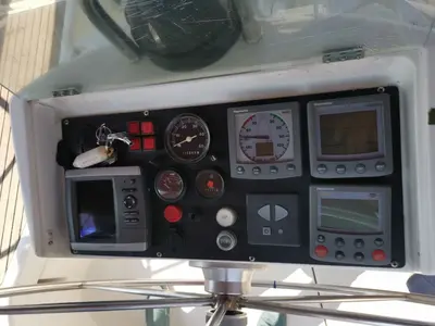 Cockpit of Rota, a Beneteau Oceanis 411 sailboat at Sami, Greece