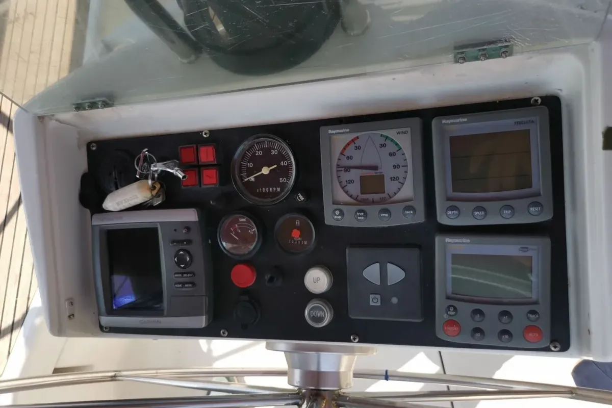Cockpit of Rota, a Beneteau Oceanis 411 sailboat at Sami, Greece