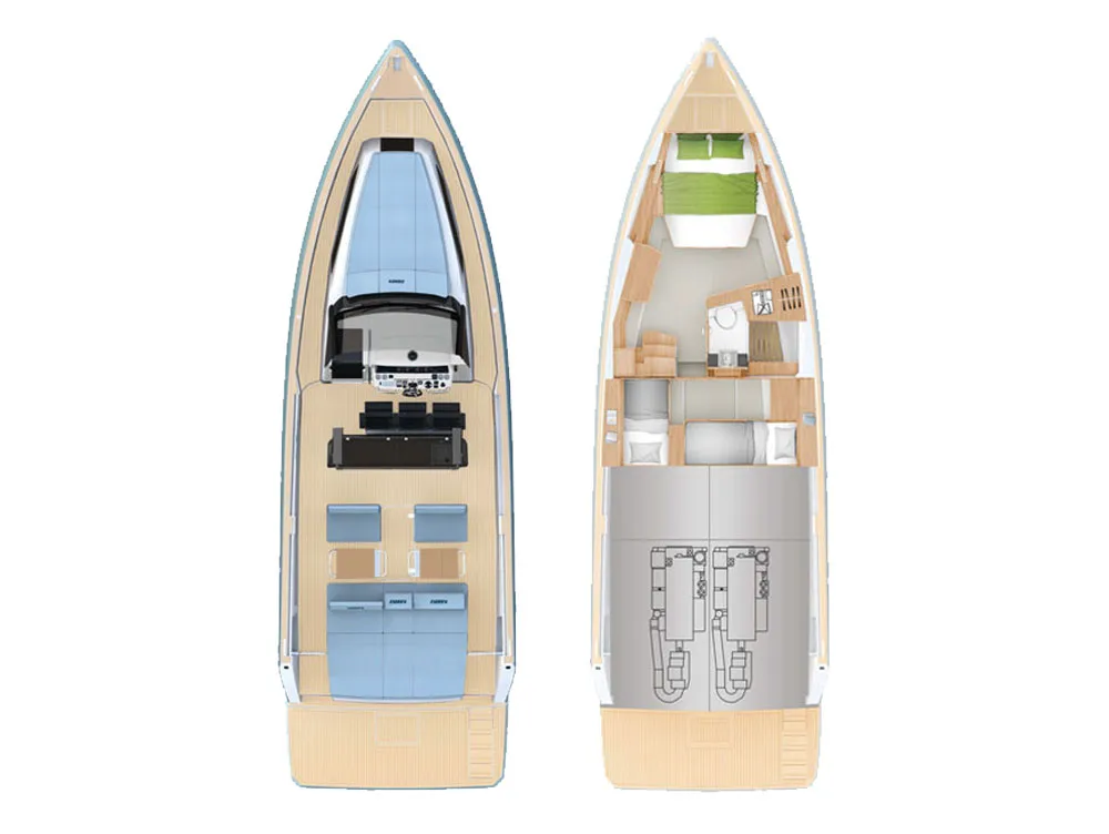Floor plan of Fjord 440 Open, a motor yacht at Kaštela, Croatia