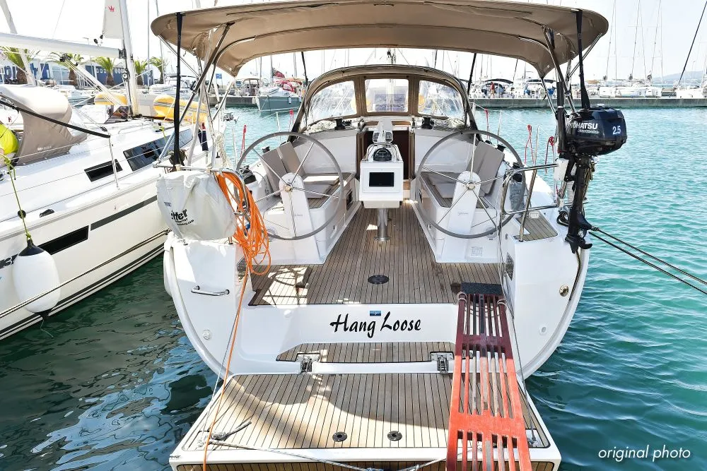 Exterior view of Hang Loose, a Bavaria Cruiser 37 sailboat at Grad Trogir, Croatia
