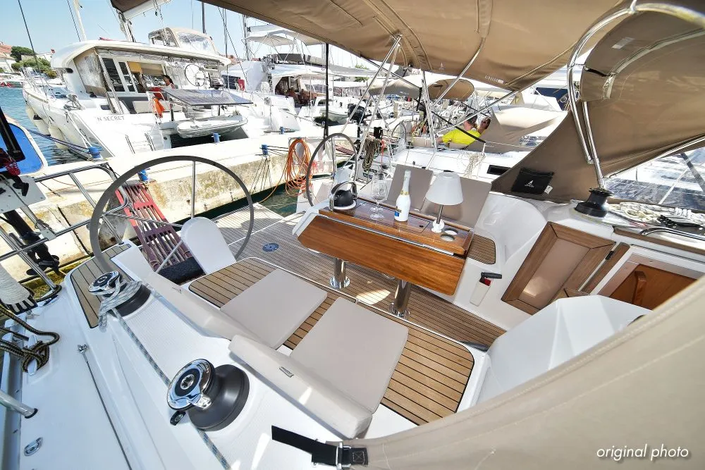 Cockpit of Hang Loose, a Bavaria Cruiser 37 sailboat at Grad Trogir, Croatia