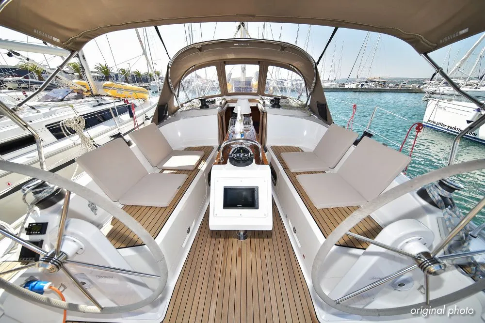 Cockpit of Hang Loose, a Bavaria Cruiser 37 sailboat at Grad Trogir, Croatia