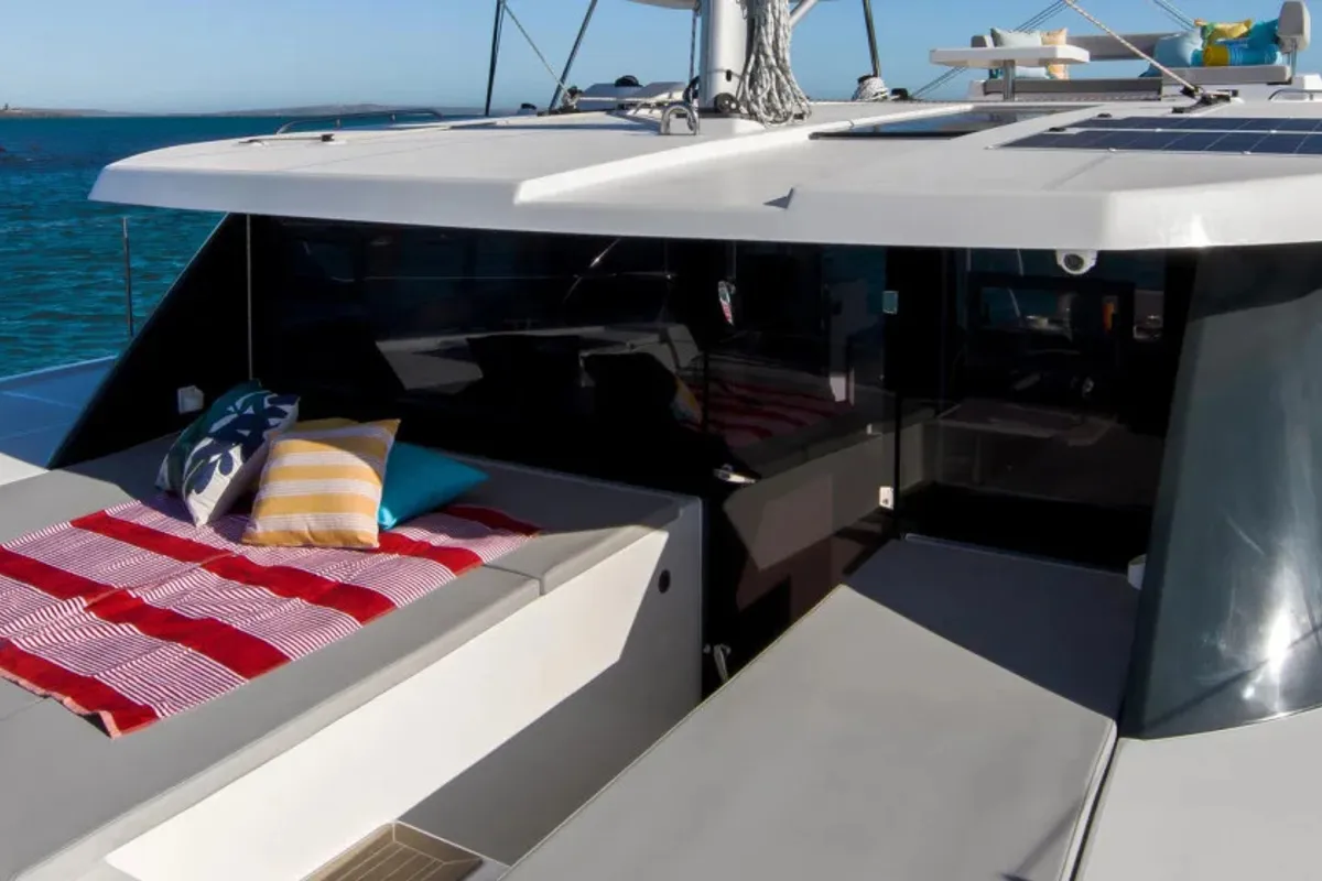 Deck of Moorings 4200/3/3 Exclusive, a Leopard 42 catamaran at Nassau, Bahamas