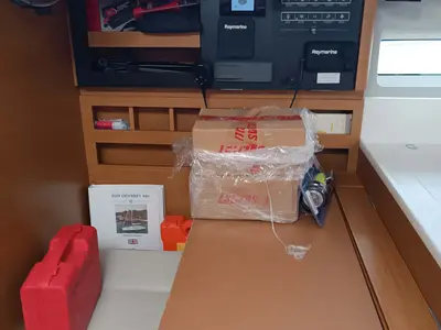 Salon of FUNKY ONE, a Jeanneau Sun Odyssey 440 sailboat at Kontokali, Greece