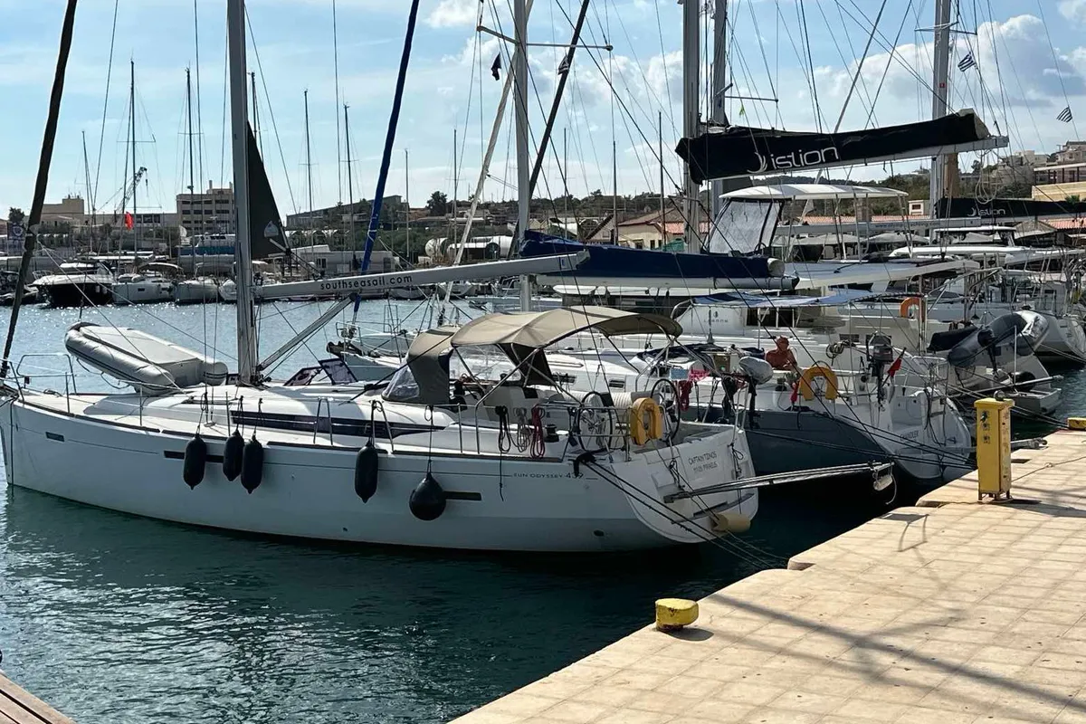 Exterior view of Tessie, a Jeanneau Sun Odyssey 439 sailboat at Volos Municipality, Greece