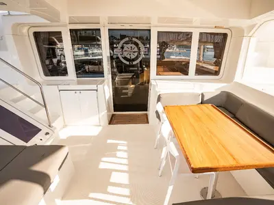 Deck of Jessy, a Lagoon 52 F catamaran at Pirovac, Croatia