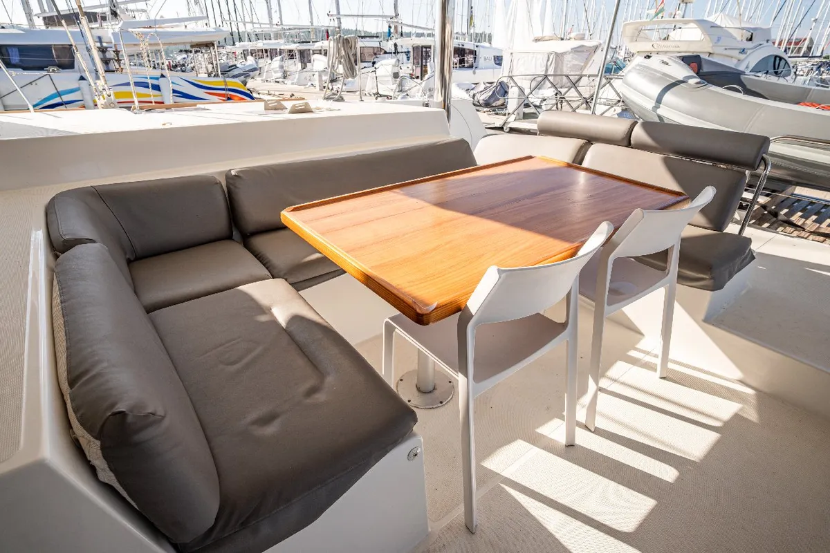 Deck of Jessy, a Lagoon 52 F catamaran at Pirovac, Croatia