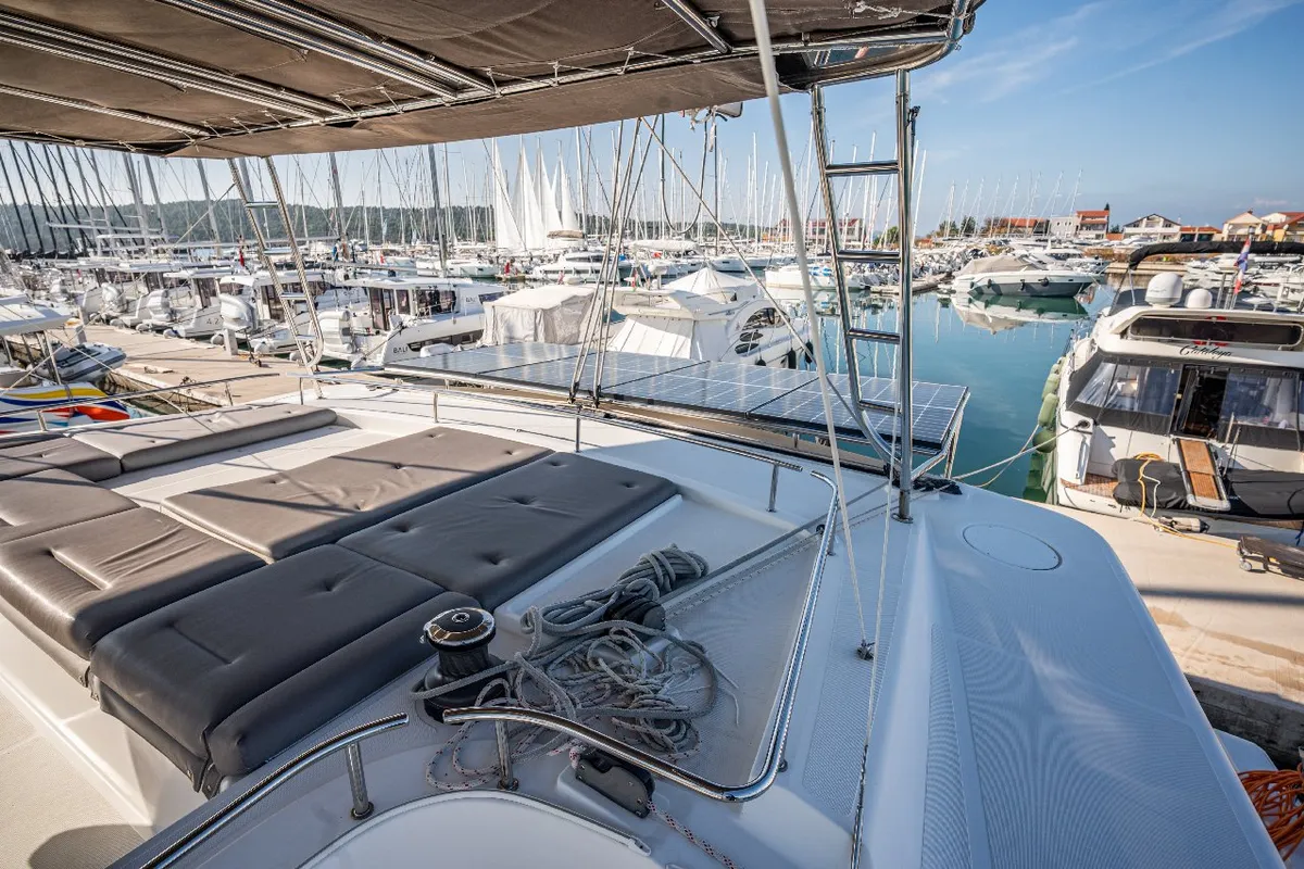 Deck of Jessy, a Lagoon 52 F catamaran at Pirovac, Croatia