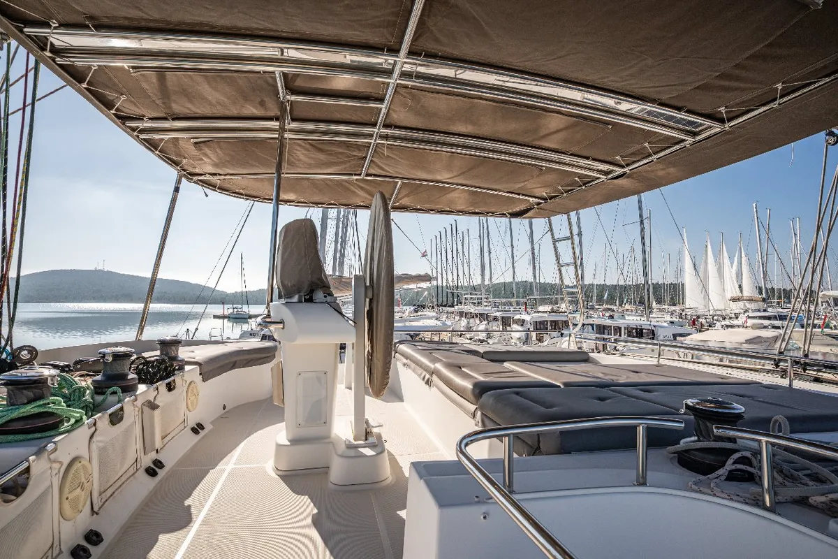 Cockpit of Jessy, a Lagoon 52 F catamaran at Pirovac, Croatia