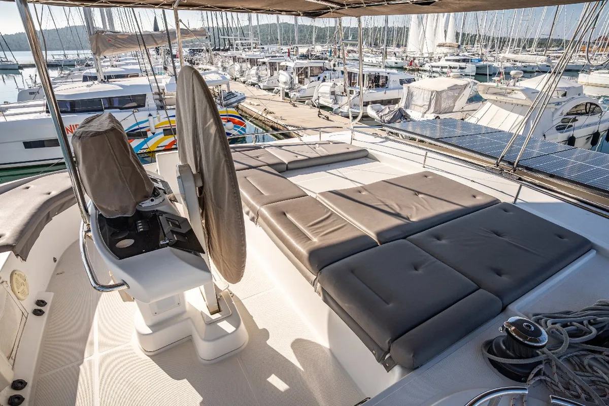 Cockpit of Jessy, a Lagoon 52 F catamaran at Pirovac, Croatia