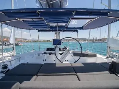 Cockpit of Jessy, a Lagoon 52 F catamaran at Pirovac, Croatia