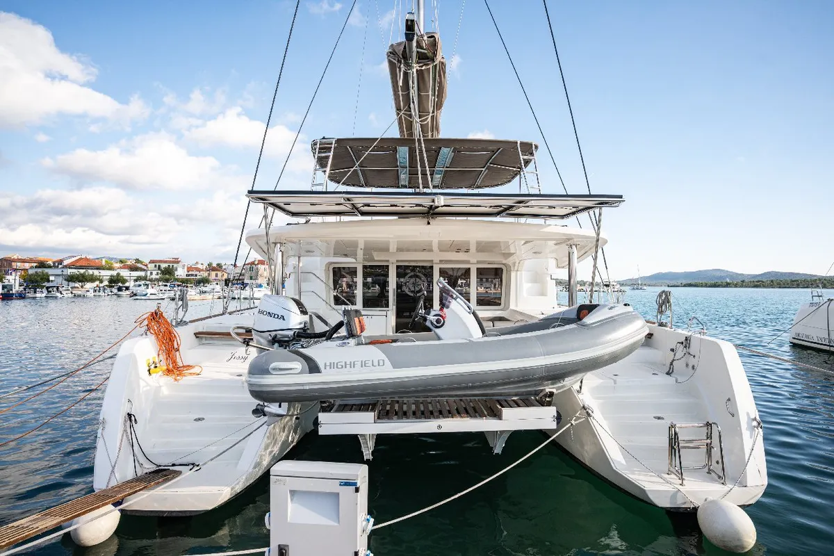Exterior view of Jessy, a Lagoon 52 F catamaran at Pirovac, Croatia