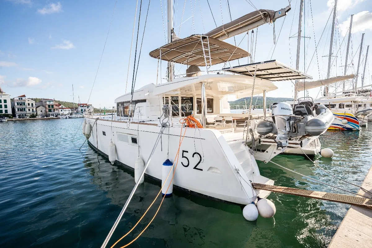 Exterior view of Jessy, a Lagoon 52 F catamaran at Pirovac, Croatia