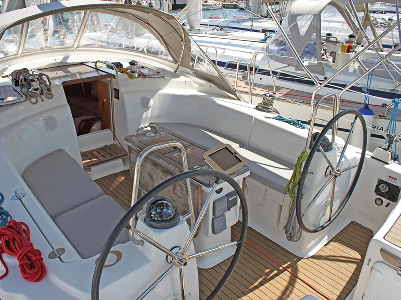 Cockpit of Iraklis, a Bavaria 42 Cruiser sailboat at Lavreotiki Municipal Unit, Greece