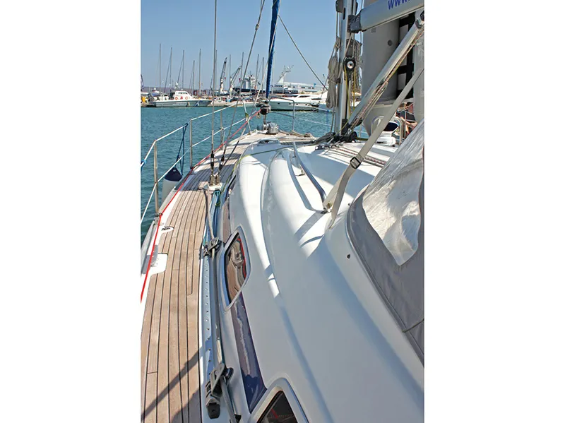 Deck of Iraklis, a Bavaria 42 Cruiser sailboat at Lavreotiki Municipal Unit, Greece