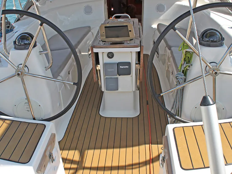 Cockpit of Iraklis, a Bavaria 42 Cruiser sailboat at Lavreotiki Municipal Unit, Greece