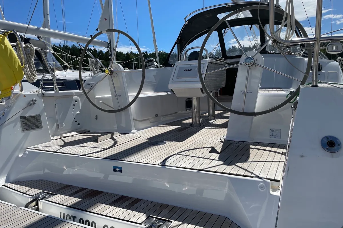 Cockpit of Ten, a Bavaria Cruiser 41 sailboat at Fisksätra, Sweden