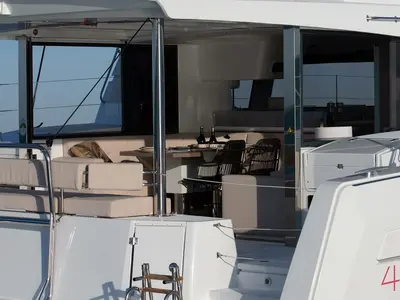 Deck of Divine Destiny, a Bali 4.4 catamaran at Road Town, British Virgin Islands