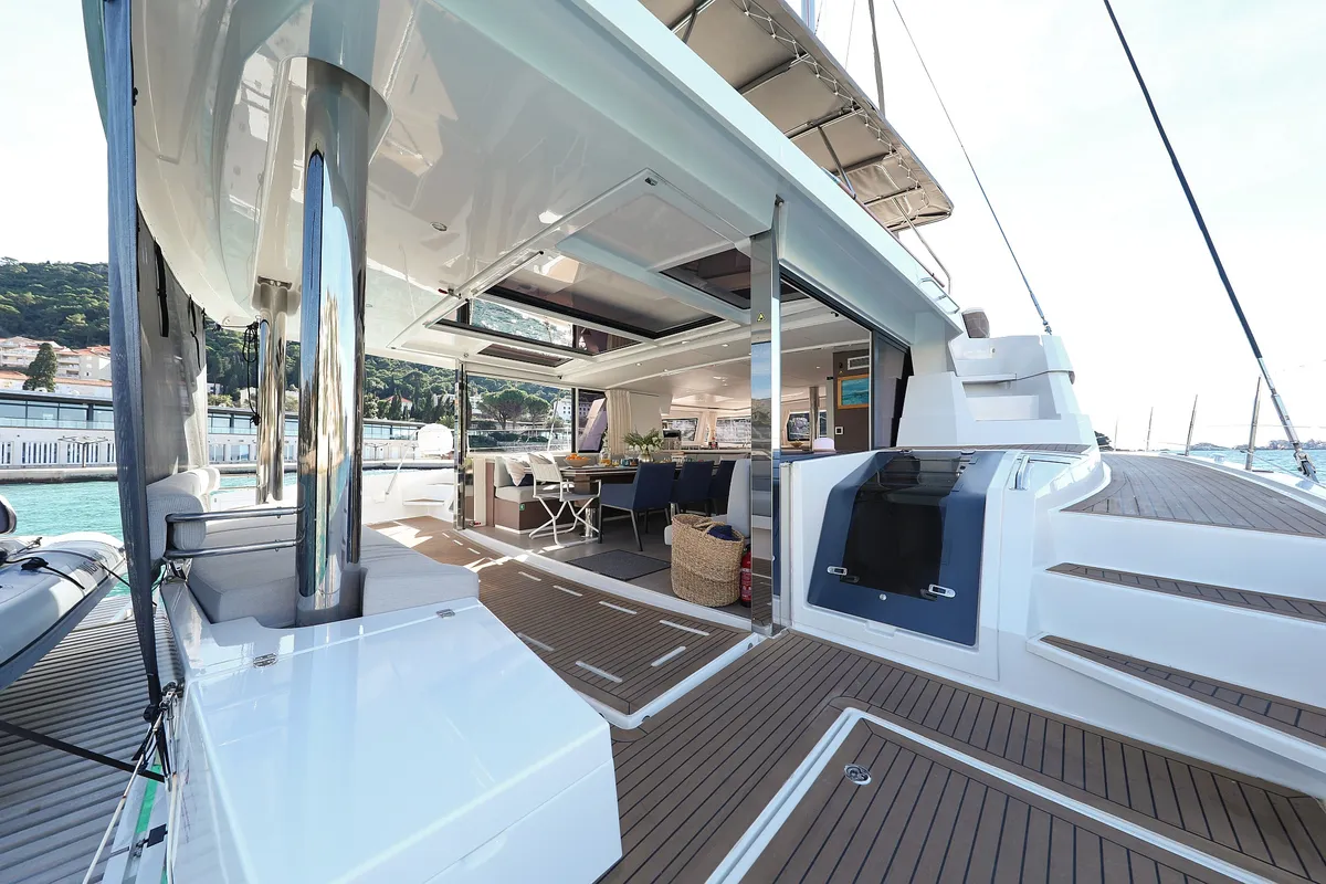 Deck of EQ Horizon, a Bali 5.4 catamaran at Dubrovnik, Croatia