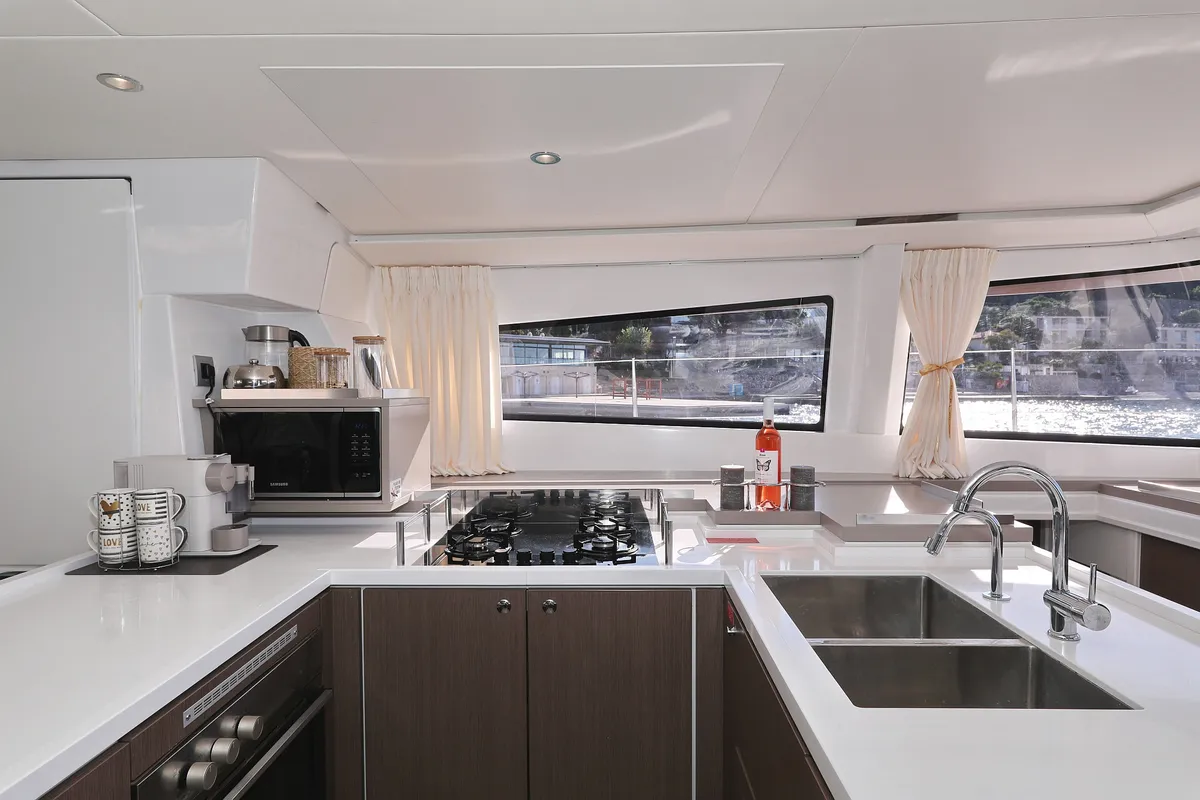 Galley of EQ Horizon, a Bali 5.4 catamaran at Dubrovnik, Croatia