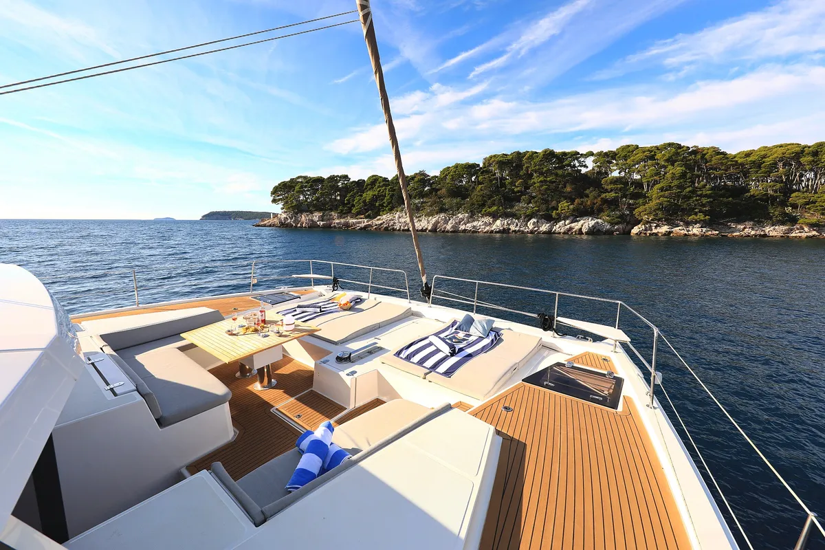 Deck of EQ Horizon, a Bali 5.4 catamaran at Dubrovnik, Croatia