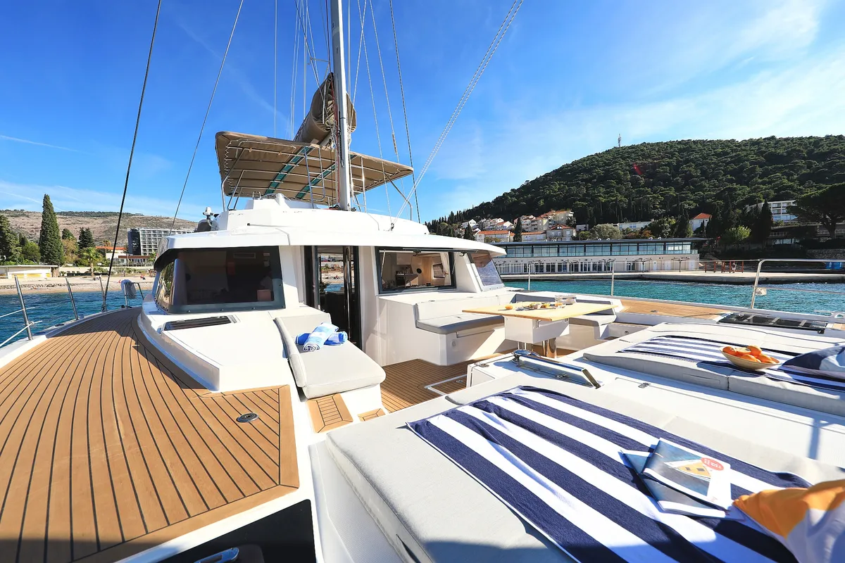 Deck of EQ Horizon, a Bali 5.4 catamaran at Dubrovnik, Croatia