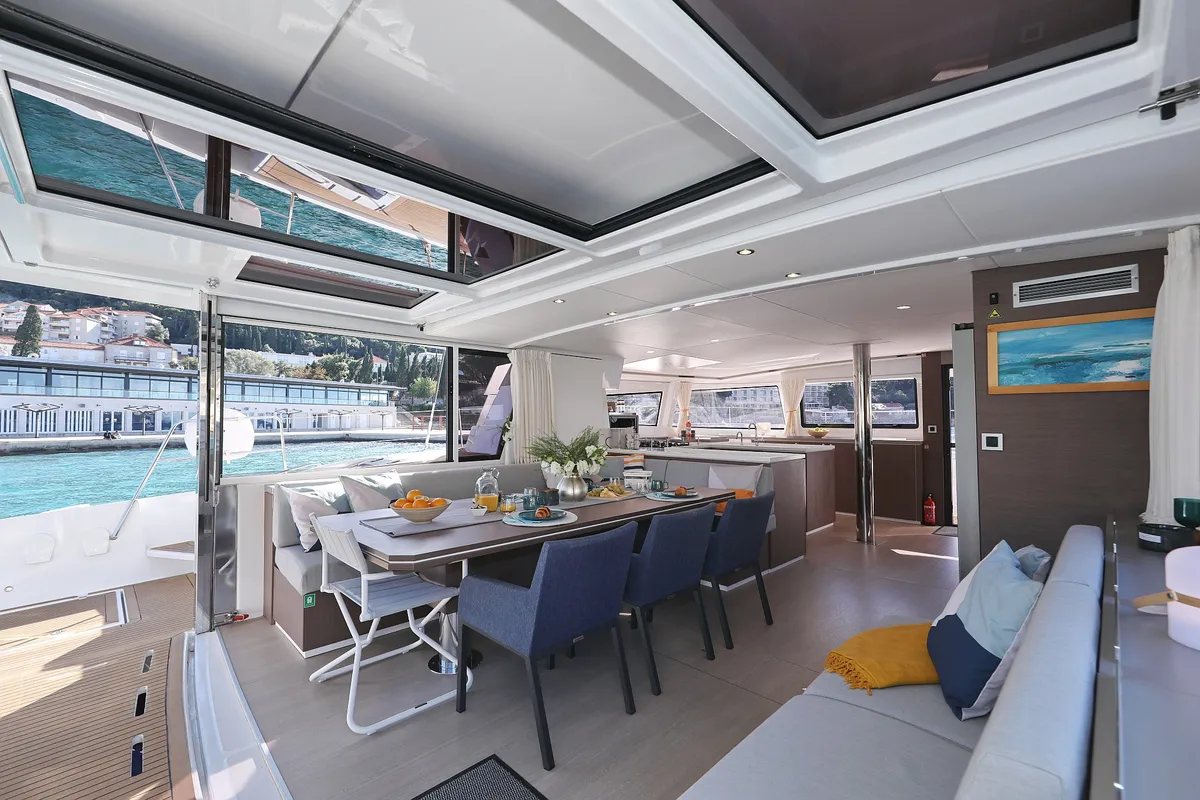 Salon of EQ Horizon, a Bali 5.4 catamaran at Dubrovnik, Croatia