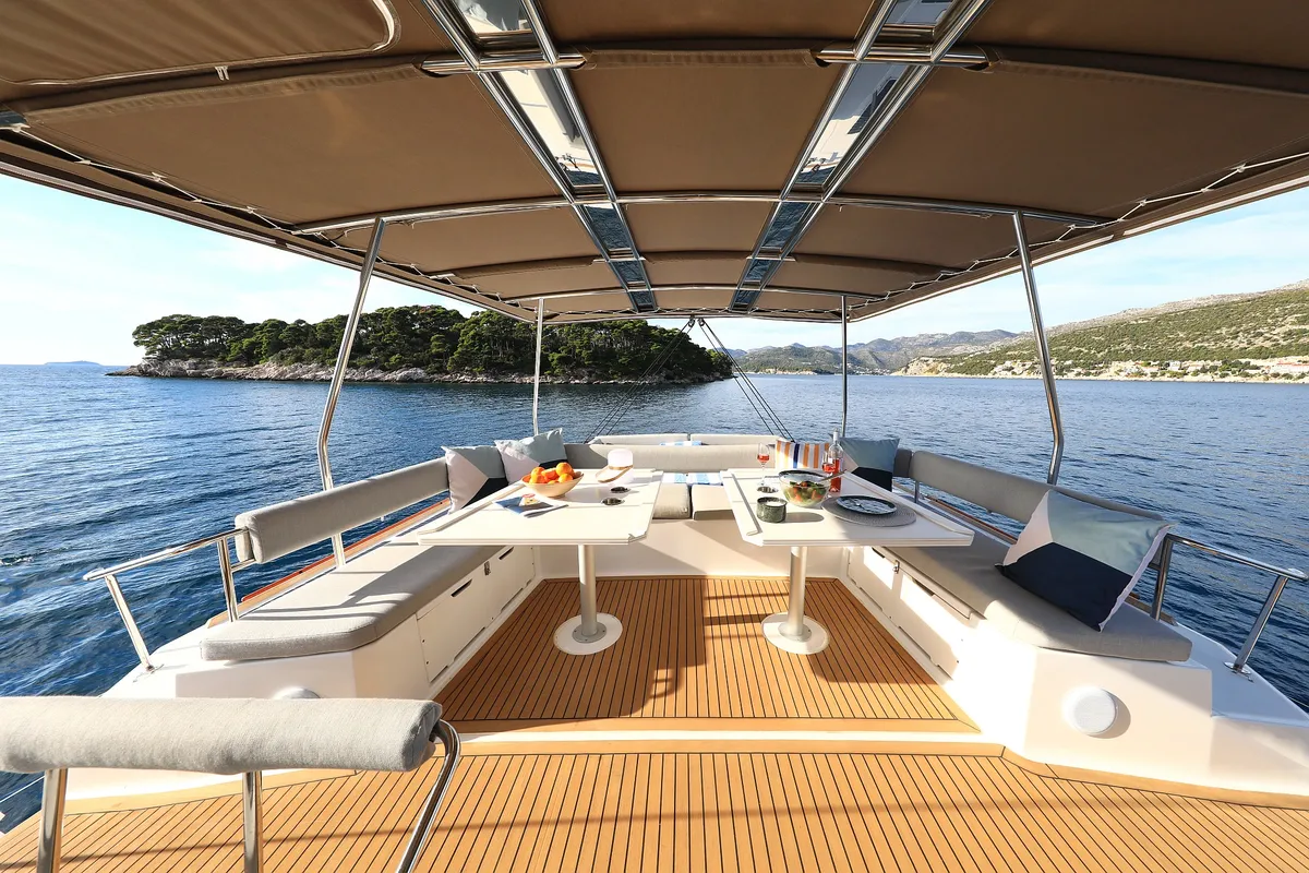 Deck of EQ Horizon, a Bali 5.4 catamaran at Dubrovnik, Croatia