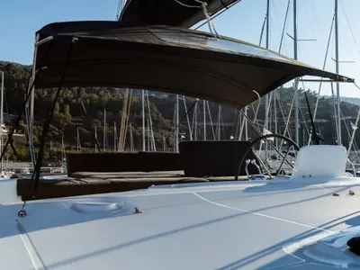 Cockpit of Carruba - Comfort Line, a Lagoon 46 catamaran at Tonnarella, Italy
