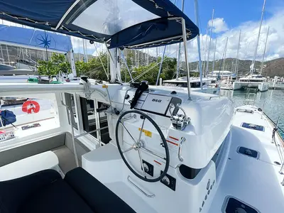 Cockpit of Maramor, a Lagoon 40 catamaran at Parham Town, British Virgin Islands
