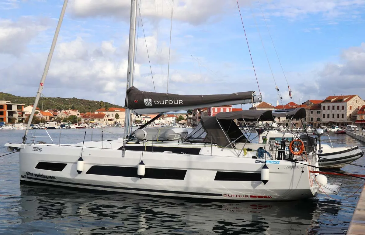 Exterior view of Cygna, a Dufour 41 Performance sailboat at Grad Biograd na Moru, Croatia