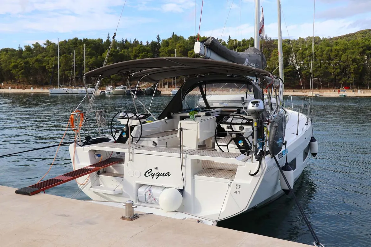 Exterior view of Cygna, a Dufour 41 Performance sailboat at Grad Biograd na Moru, Croatia