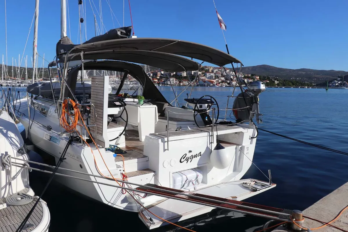 Exterior view of Cygna, a Dufour 41 Performance sailboat at Grad Biograd na Moru, Croatia