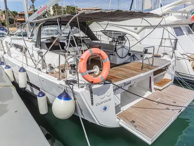 Deck of Euphoria Planet, a Dufour 56 Exclusive sailboat at Tonnarella, Italy