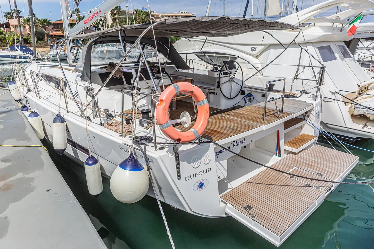 Deck of Euphoria Planet, a Dufour 56 Exclusive sailboat at Tonnarella, Italy