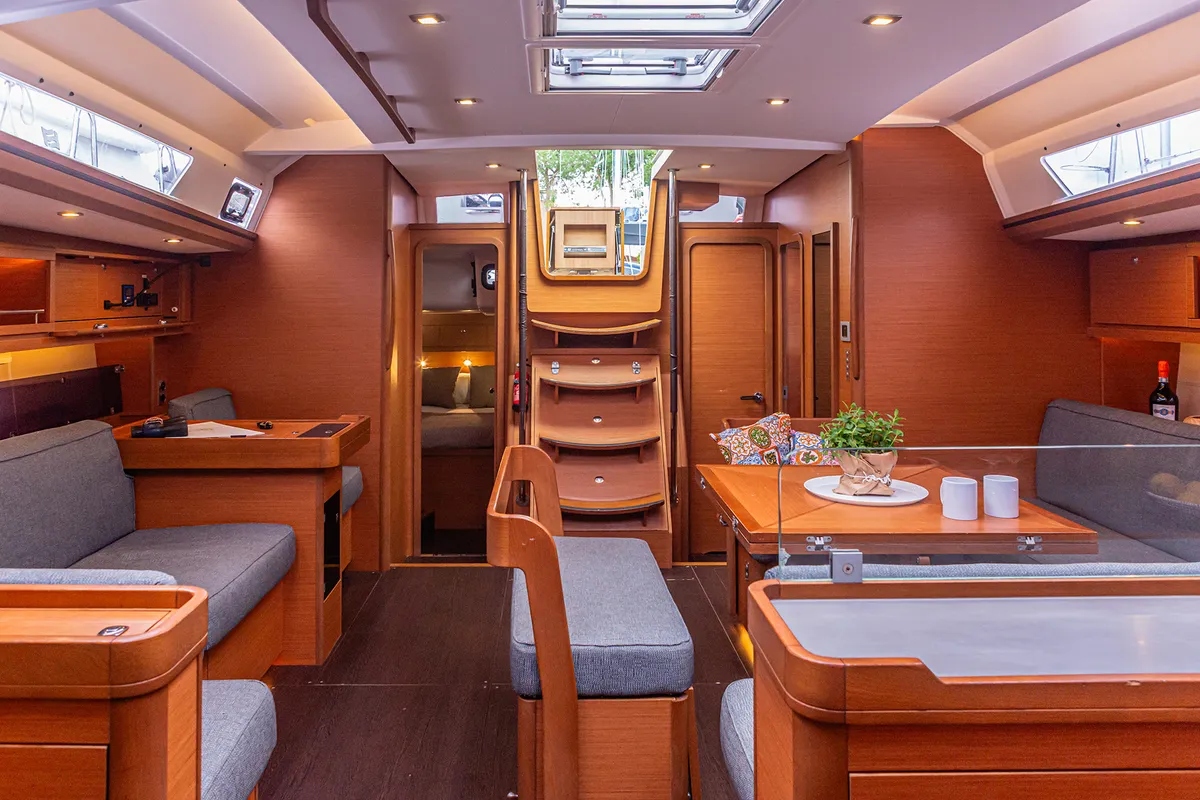 Salon of Euphoria Planet, a Dufour 56 Exclusive sailboat at Tonnarella, Italy