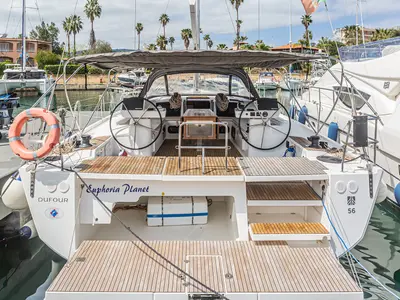 Cockpit of Euphoria Planet, a Dufour 56 Exclusive sailboat at Tonnarella, Italy