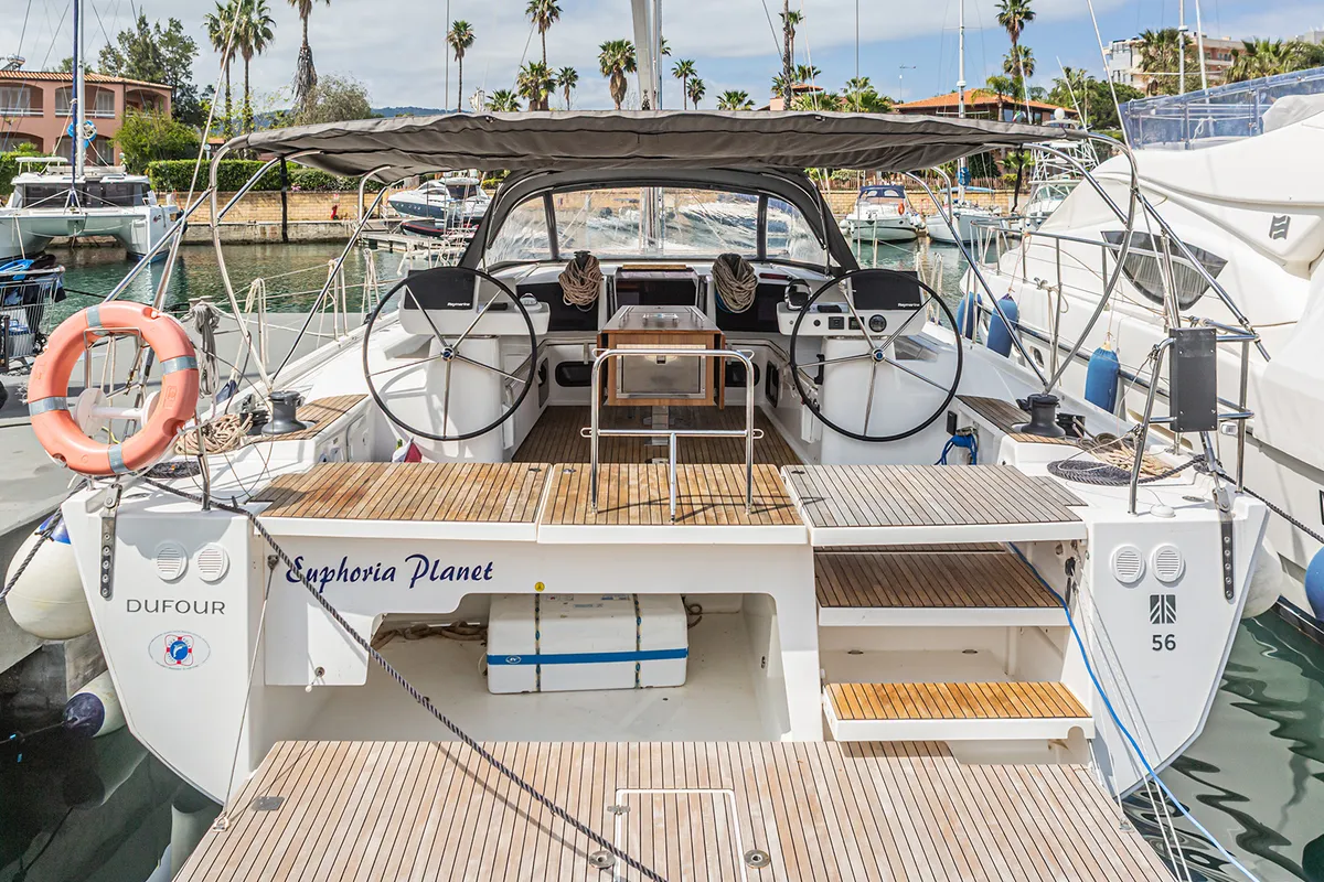 Cockpit of Euphoria Planet, a Dufour 56 Exclusive sailboat at Tonnarella, Italy