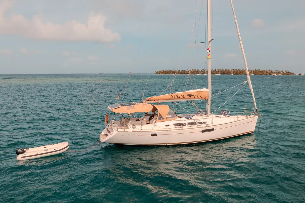 Exterior view of Guji, a Jeanneau Sun Odyssey 44 i sailboat at Isla Aguja Cabins San Blas, Panama