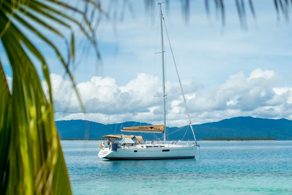 Exterior view of Guji, a Jeanneau Sun Odyssey 44 i sailboat at Isla Aguja Cabins San Blas, Panama