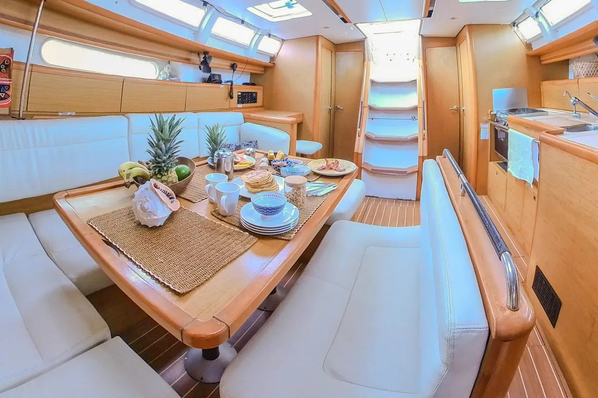 Salon of Guji, a Jeanneau Sun Odyssey 44 i sailboat at Isla Aguja Cabins San Blas, Panama