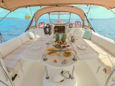 Deck of Guji, a Jeanneau Sun Odyssey 44 i sailboat at Isla Aguja Cabins San Blas, Panama