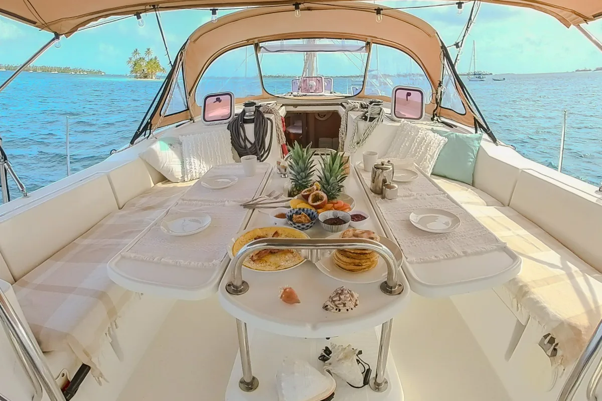 Deck of Guji, a Jeanneau Sun Odyssey 44 i sailboat at Isla Aguja Cabins San Blas, Panama
