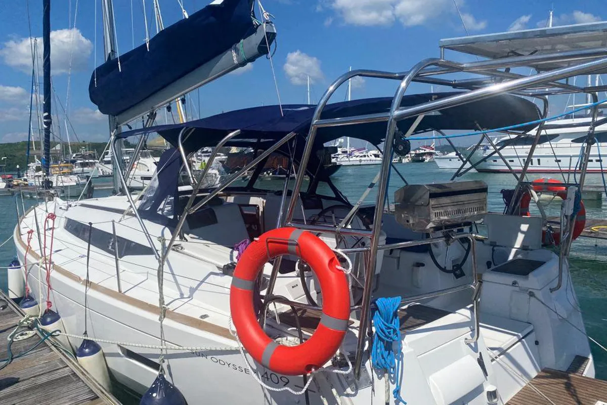 Deck of Cavalier, a Jeanneau Sun Odyssey 409 sailboat at Mai Khao, Thailand