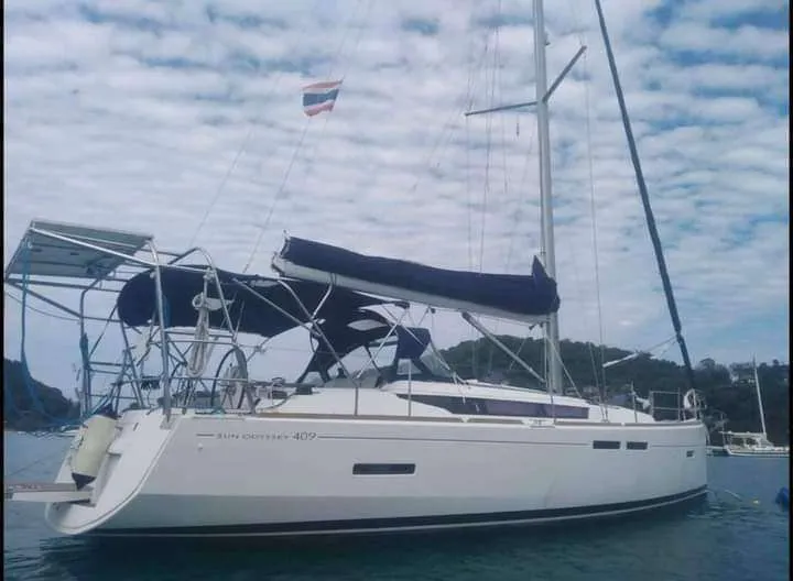 Exterior view of Cavalier, a Jeanneau Sun Odyssey 409 sailboat at Mai Khao, Thailand