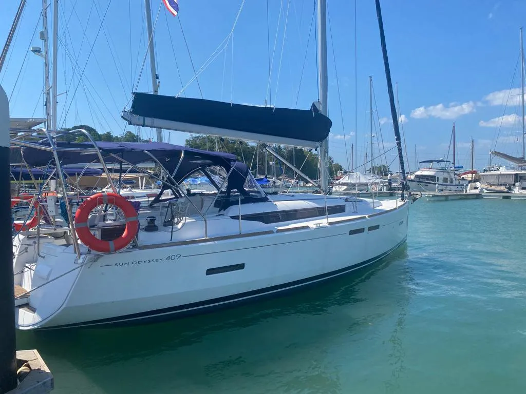 Exterior view of Cavalier, a Jeanneau Sun Odyssey 409 sailboat at Mai Khao, Thailand