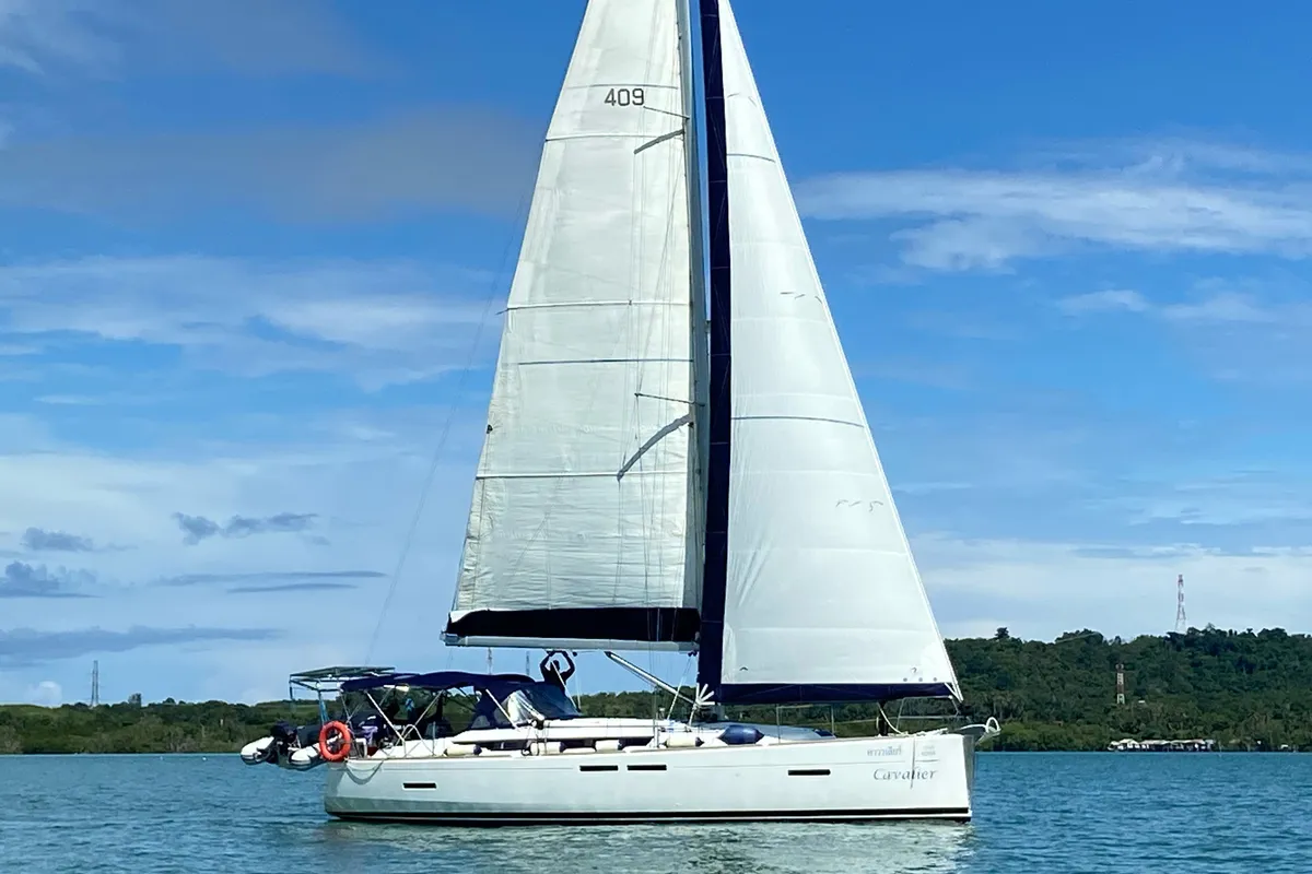 Exterior view of Cavalier, a Jeanneau Sun Odyssey 409 sailboat at Mai Khao, Thailand