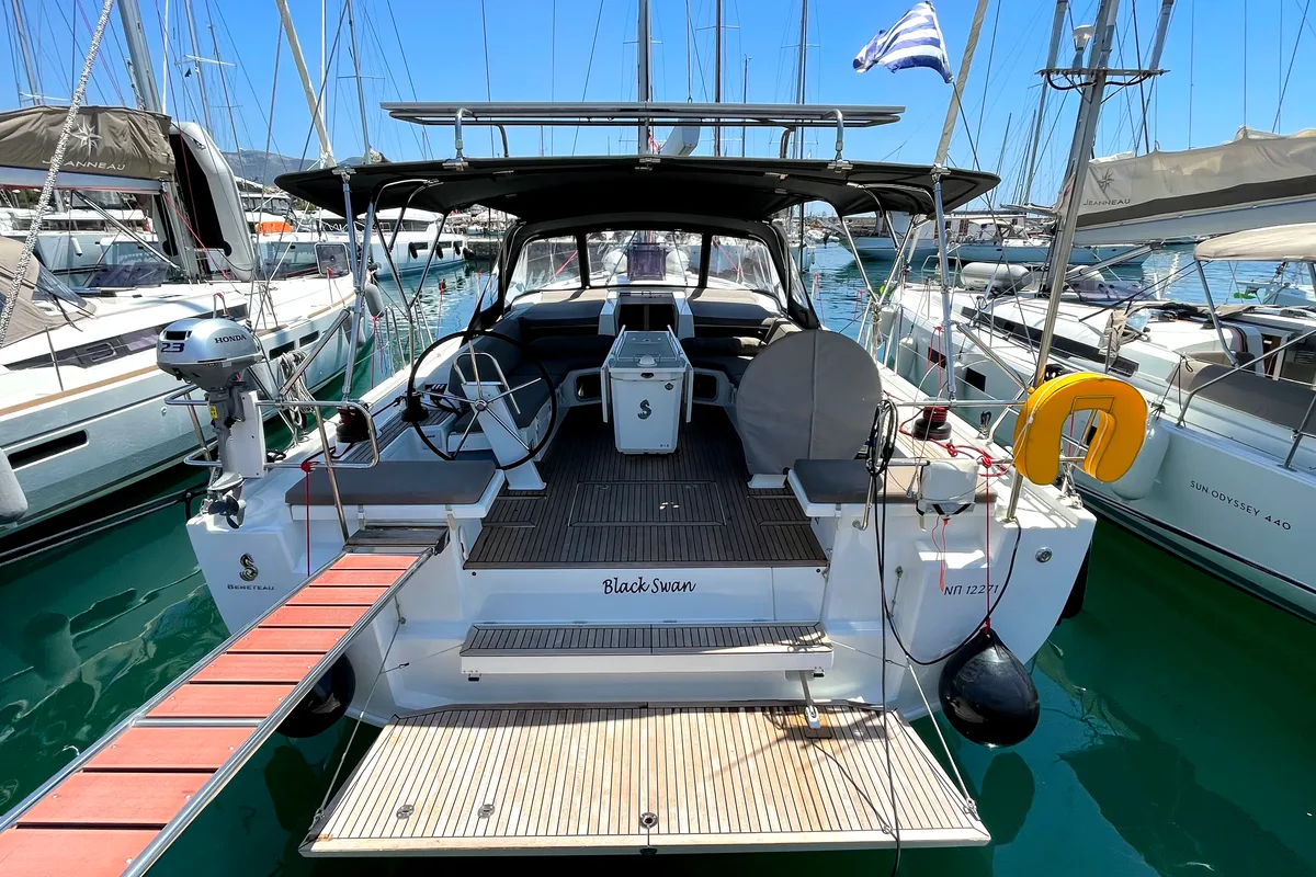 Exterior view of Black Swan, a Beneteau Oceanis 51.1 sailboat at Athens, Greece