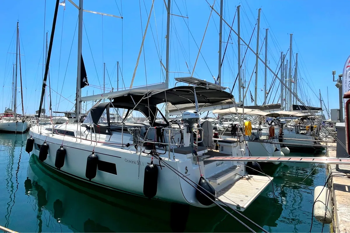 Exterior view of Black Swan, a Beneteau Oceanis 51.1 sailboat at Athens, Greece