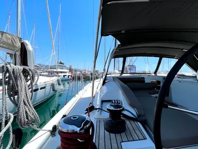 Deck of Black Swan, a Beneteau Oceanis 51.1 sailboat at Athens, Greece